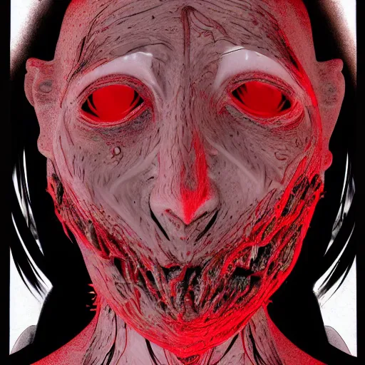 Image similar to octane render of a body horror human, sharp dark shadows, black and red color palette by trevor henderson and junji ito