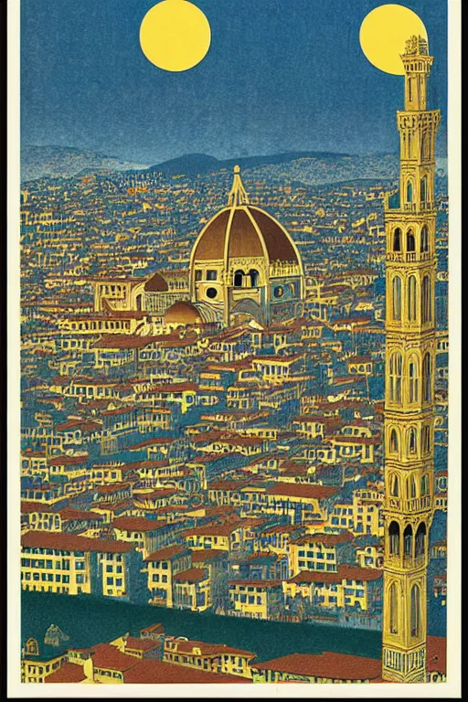 Image similar to resplendent, gilded art deco print of Florence, Italy by Hasui Kawase and Lyonel Feininger