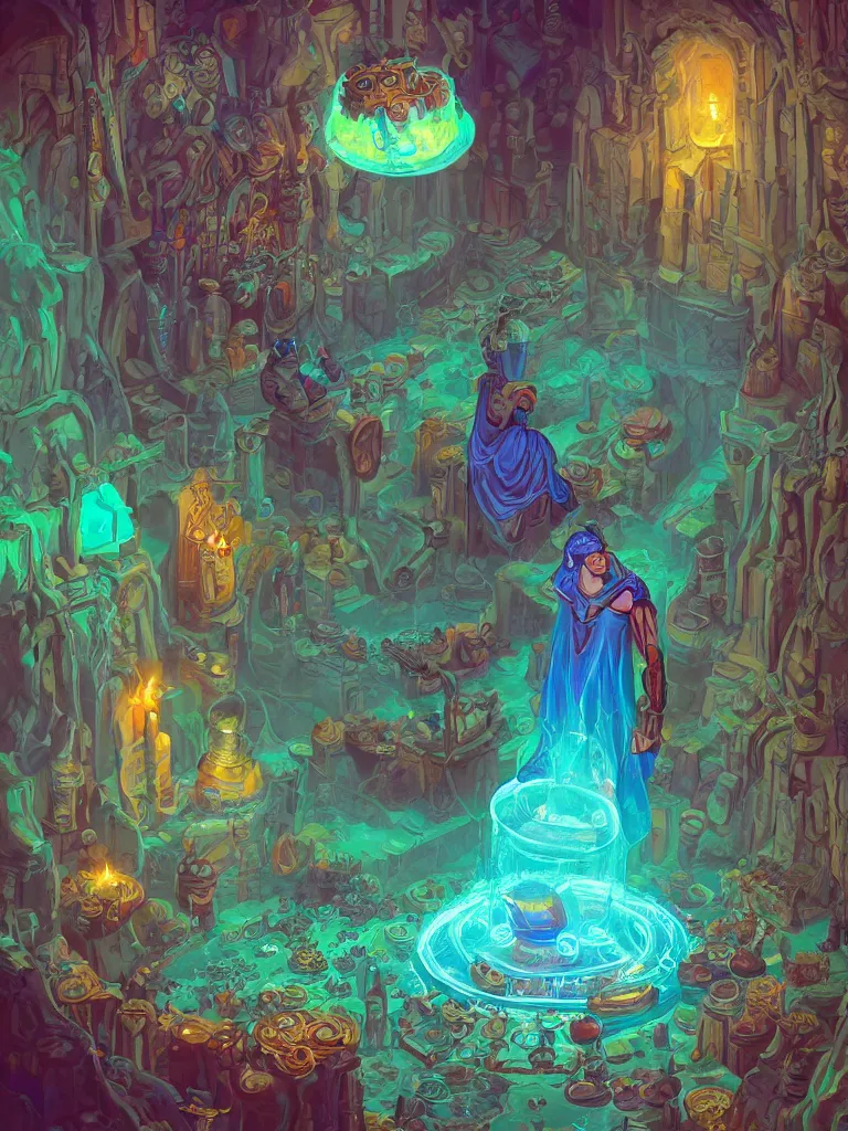 Image similar to portrait of jewel djinn alchemist in loot chamber filled with magic items in the style of Rob Lefield and Dan Mumford , trending on artstation, digital art,surrealism ,macro,blueprint ,vaporwave ,