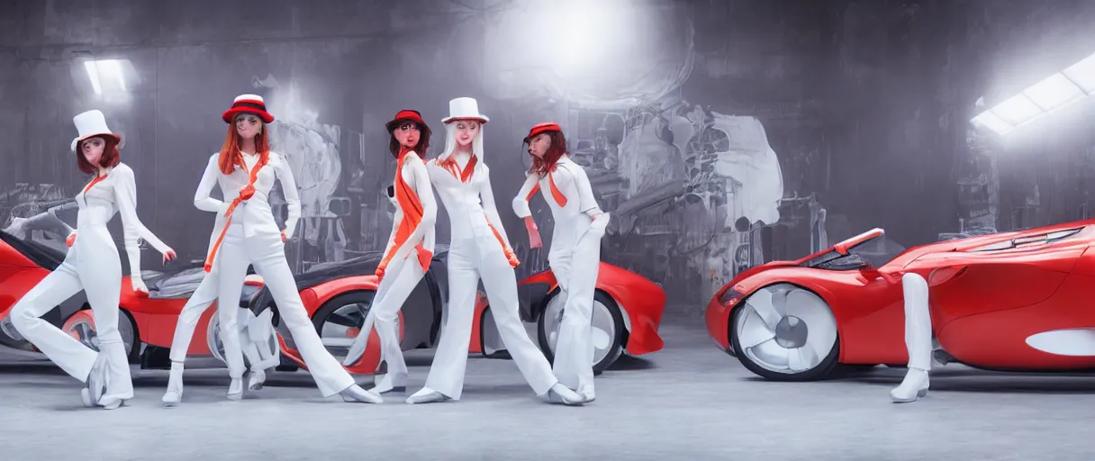 Image similar to a wide angle shot of a clockwork orange female droog gang, beautiful soft features, designed by artgerm and a red pininfarina sportscar in the background hdr, 8 k, hyperrealistic, volumetric lighting