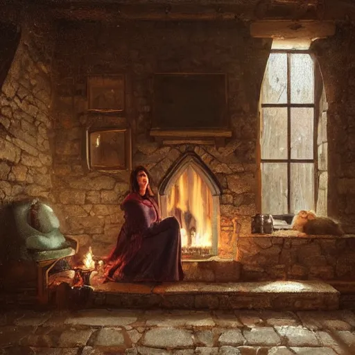 Image similar to celtic woman sitting next to a fireplace in a medieval house, volumetrics, cozy, expressive oil painting, highly detailed, by wlop, by jeremy lipking, beautiful face, nature inspired, octane render, digital art, cold harsh winter