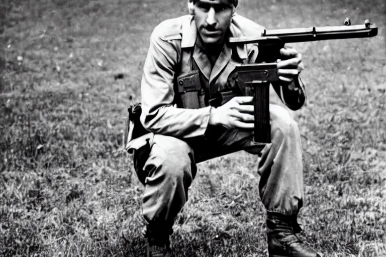 Prompt: Lionel Messi with a gun in world war 2, full body vintage photograph