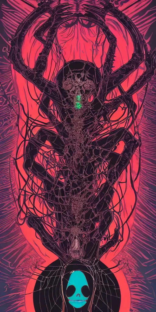 Image similar to intense glowing black metal pagan god with spider eyes and spider legs with a skull in very dark void by josan gonzales and moebius and alphonse mucha, portrait, light beams, lens flare, studio muti, malika favre, rhads, makoto, black and red and teal