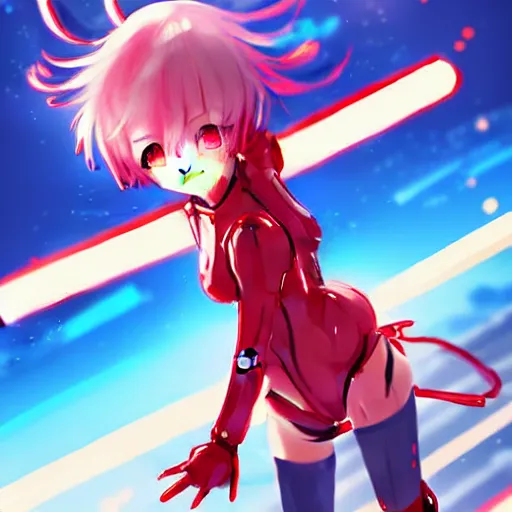 Image similar to digital anime art, wlop, rossdraws, sakimimichan, very small cute girl standing on a large table, red mech arms and red mech legs,