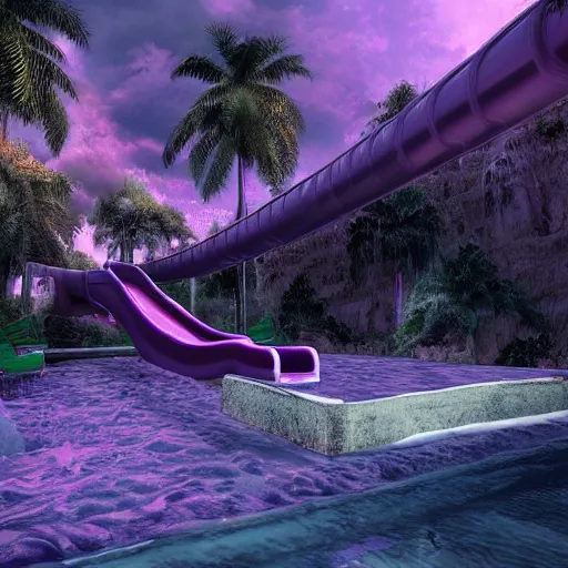 Image similar to a bloody water slide in the nigth, purple, moody, dark, artistic, digital art, blue and purple, epic, highly detailed, unreal engine