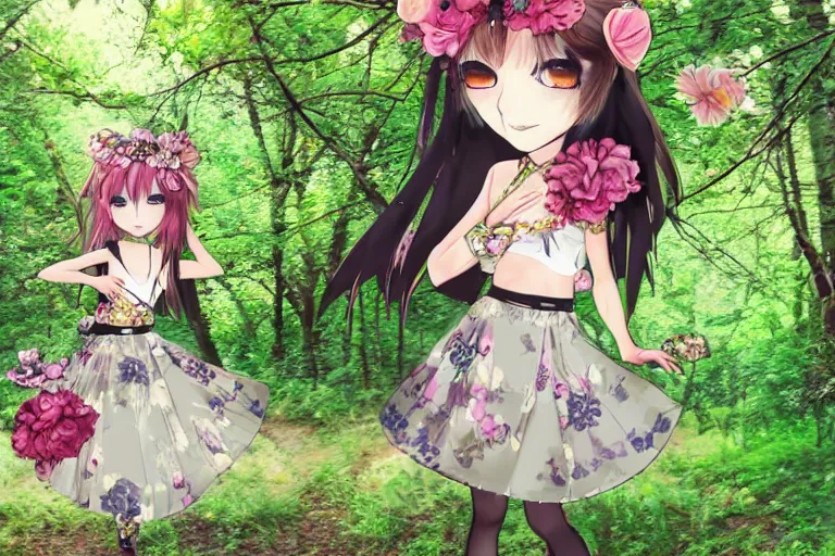 Prompt: chibi anime fashion model wearing valentino 2 0 1 4 floral skirt and jeweled headpiece outdoors in the woods, flowers