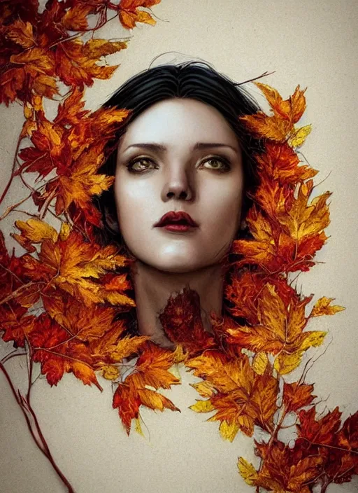 Image similar to gold red black color, golden leaves at frame border, creative!!! composition for a book cover!!!, absurdly beautiful, ultrafine hyperrealistic detailed old witch face by wlop and artgerm and greg rutkowski, intricate linework, sharp focus, smooth, octopath traveler, final fantasy, unreal engine, dramatic lighting, ethereal, 8 k