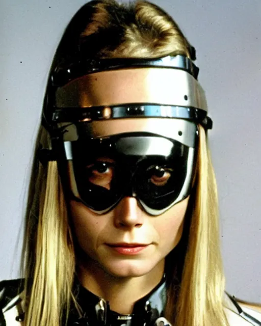 Image similar to young gwyneth paltrow wearing a futuristic mechanical mask with amber eye reflective lenses, and black leather body armor.