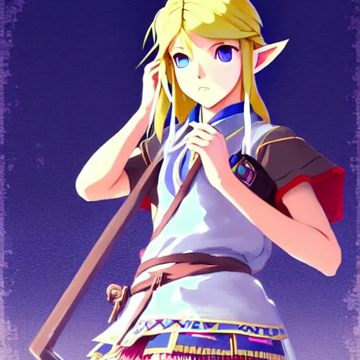 Prompt: a beautiful! young feminine link from botw, wearing japanese catholic school girl outfit with mayan pattern and native style, aztec street fashion, guilty gear art direction, perfect anime face, gapmoe yandere grimdark, trending on pixiv fanbox, painted by greg rutkowski makoto shinkai takashi takeuchi studio ghibli, akihiko yoshida