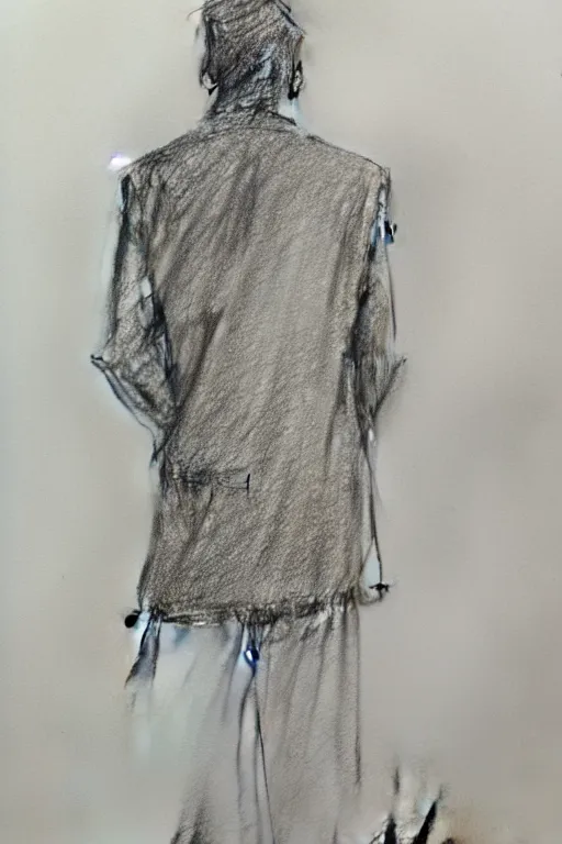 Image similar to a drawn man standing in the rain. pencil sketch.