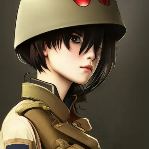 Image similar to side portrait of girl drinking, soldier clothing, combat helmet, anime style, short hair, hair down, symmetrical facial features, from arknights, hyper realistic, 4 k, rule of thirds, extreme detail, detailed drawing, trending artstation, hd, d & d, realistic lighting, by alphonse mucha, greg rutkowski, sharp focus, backlit