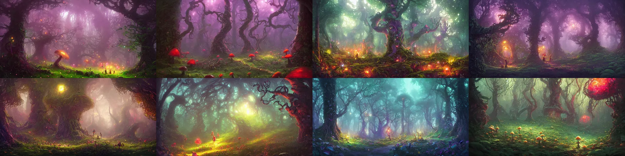 Prompt: enchanted magical fantasy forest, twisting trees, thick bushes, spike - like branches, colorful glowing mushrooms scattered, dark atmosphere by andreas rocha