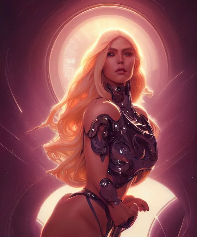 Prompt: futuristic woman portrait, sci - fi, amber eyes, face, long hair, fantasy, intricate, elegant, highly detailed, digital painting, artstation, concept art, smooth, sharp focus, illustration, art by artgerm and greg rutkowski and alphonse mucha