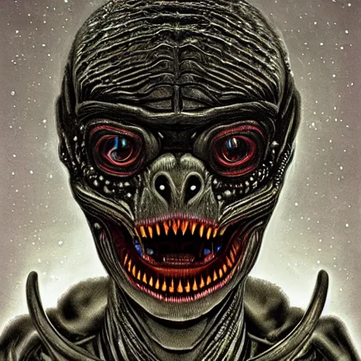 Image similar to space alien, slimy, glossy, sharp teeth, by h. r. giger, nightmare fuel, nightmarish, intricate, highly detailed, optical illusion, stranger things demogorgon, cave lighting, flickering