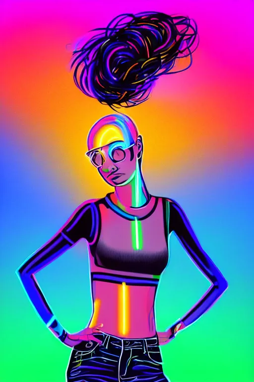 Image similar to a award winning half body portrait of a beautiful woman with stunning eyes in a croptop and cargo pants with rainbow colored ombre hairstyle head in motion and hair flying by thomas danthony, outlined by whirling illuminated neon lines, outrun, vaporware, shaded flat illustration, digital art, trending on artstation, highly detailed, fine detail, intricate