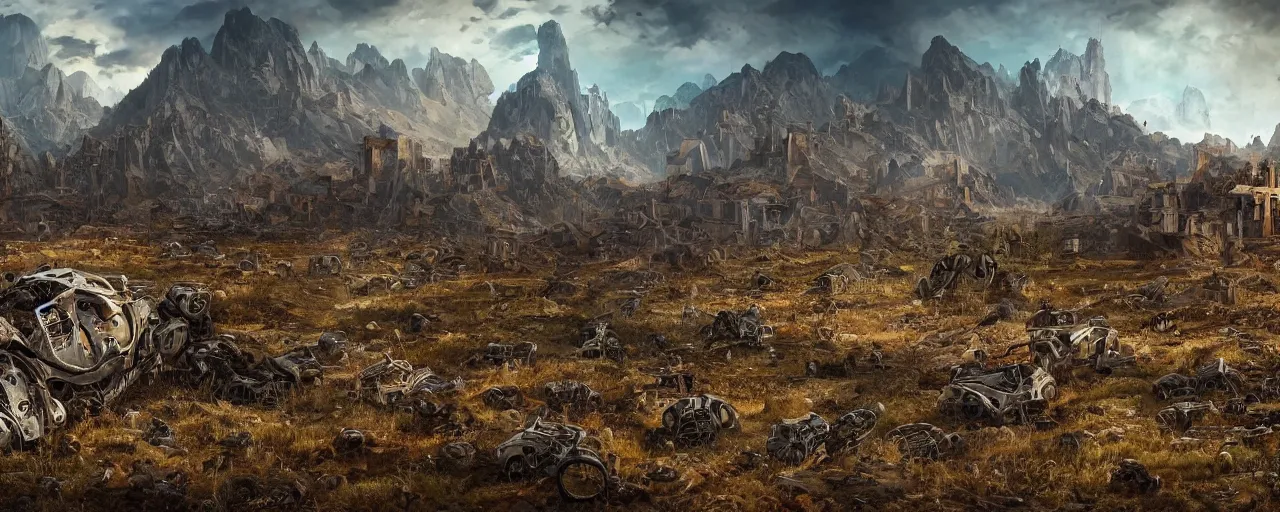 Prompt: apocalypse landscape, ruins and mountain in the background, broken rusty robots scattered on the ground, masterpiece 4k, intricate details, realistic, panoramic view, Hyperdetailed, 8k resolution, intricate art nouveau