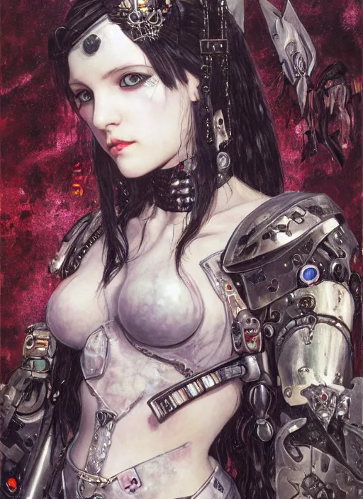 Image similar to portrait of cute beautiful young goth sister of battle from Warhammer, cyberpunk, Warhammer 40000, gothic, highly detailed, artstation, illustration, art by Gustav Klimt and Range Murata