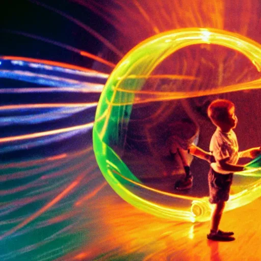 Prompt: film still of a boy playing with a plasma ball, 1990s, film still in the style of Steven Spielberg, wonder, awe, dramatic lighting, 8k, detailed