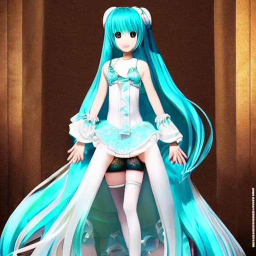 Image similar to Hatsune Miku in wedding outfit by Ruan Jia and Gil Elvgren, fullbody, posing, trending