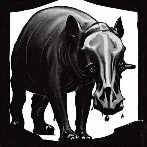 Image similar to A skull of a tapir. Frontal View, Close Up Shot, Dark Fantasy, Film Noir, Black and White. High Contrast, Mike Mignola, D&D, OSR