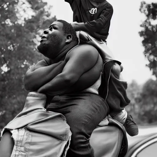 Image similar to a little black person rides on the shoulder's of a huge 7 ft tall 5 0 0 pound black man. hyperreal - h 6 4 0