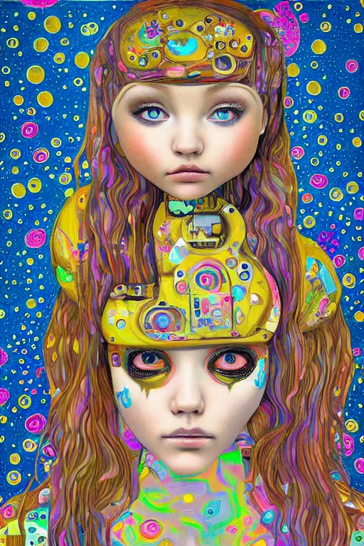 Image similar to pop surrealism, lowbrow cute girl painting, hyper realism, robotic girl, klimt style