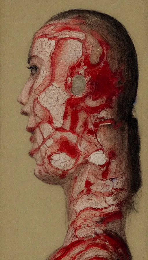 Prompt: a woman's face in profile, with white carapace plates extruding from the skin and red kintsurugi, in the style of the dutch masters and gregory crewdson, dark and moody