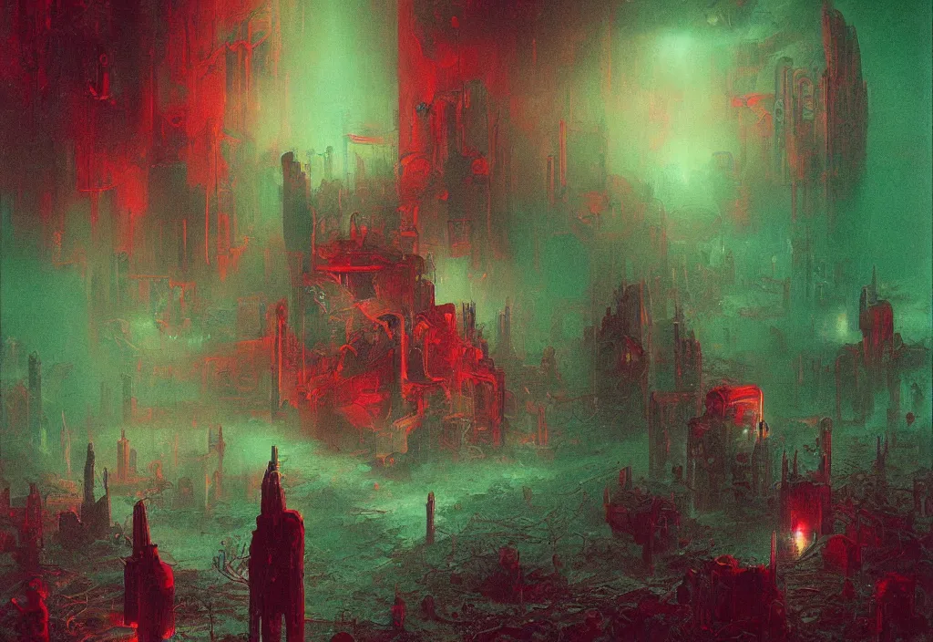 Prompt: blind endless disappointment of crying souls in crack of humanity dissolution, red and green palette, volume light, fog, by ( h. r. giger ) and paul lehr