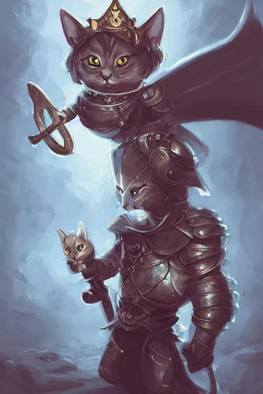 Image similar to cute little anthropomorphic cat knight wearing a cape and a crown, tiny, small, miniature cat , baby animal, short, pale blue armor, cute and adorable, pretty, beautiful, DnD character art portrait, matte fantasy painting, DeviantArt Artstation, by Jason Felix by Steve Argyle by Tyler Jacobson by Peter Mohrbacher, cinematic lighting