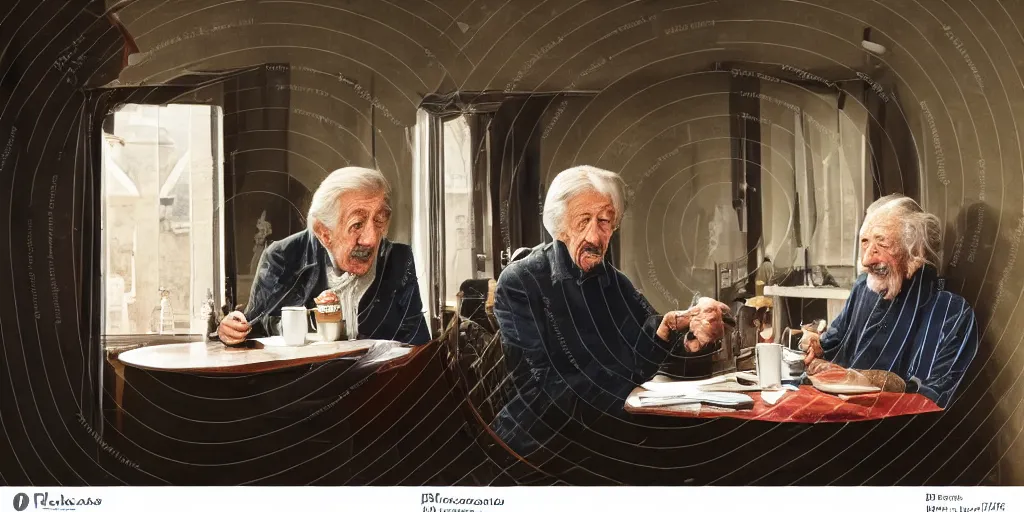 Image similar to mcgregor and jean rochefort are having a coffee. they are on nice conversation. a brown furry cat sits at the middle of the table. strong colours. nice atmosphere. 2 0 th century paris is seen on window. tobacco smoke. antique coffee cups.