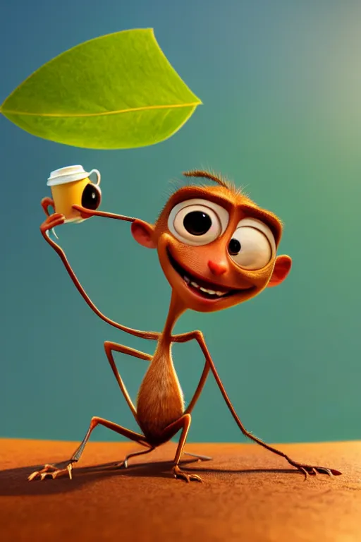 Image similar to a funny ant character with big eyes holding one cup of coffee on top of a leaf at a sunny morning. pixar disney 4 k 3 d render movie oscar winning trending on artstation and behance. ratatouille style.
