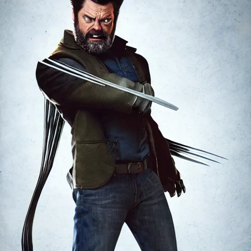 Image similar to logan wolverine pictured as nick offerman in x - men suit, imdb, marvel movie still, detailed 8 k, poster style, deviantart and artstation top picks