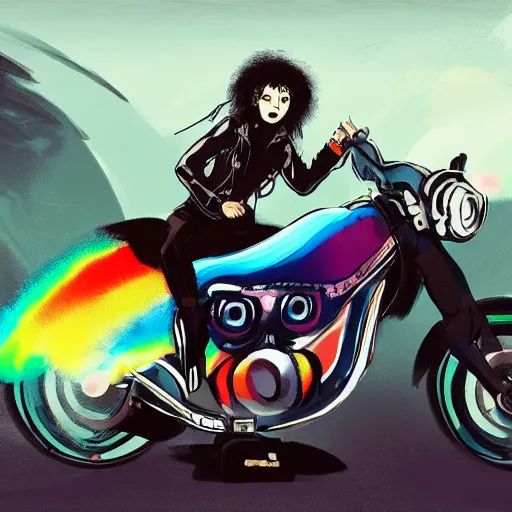 Image similar to wide angle full body, jacket wearing fluffy cute rainbow kitten wearing a black leather motorcycle jacket, riding on a motorcycle, cinematic concept art