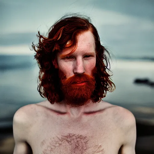 Image similar to color portrait of a very pale, freckly, ginger male model by emmanuel lubezki