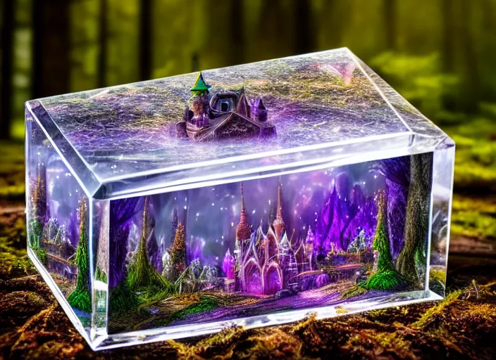 Image similar to photo of a crystal box with a magical kingdom inside, in the forest. Fantasy magic style. Highly detailed 8k. Intricate. Nikon d850 55mm. Award winning photography.