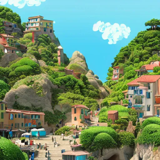 Image similar to pixar 3D render, by studio ghibli, (french bande dessinée), solarpunk, 1244, fantasy setting, mediterranean landscape, quaint old village, cinq terre, highly detailed, luminous, white rock, beautiful, style by moebius, concept art, unreal engine