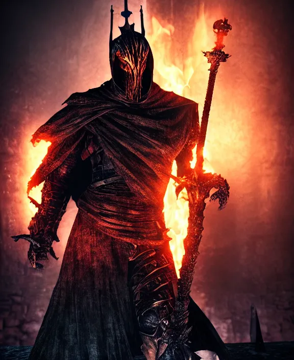 Image similar to anatomically correct dark souls knight with long sword on fire, dark night, castle on the background, wet surface, unreal engine 5, lumen technology, incredible detalization, film still, by alberto mielgo