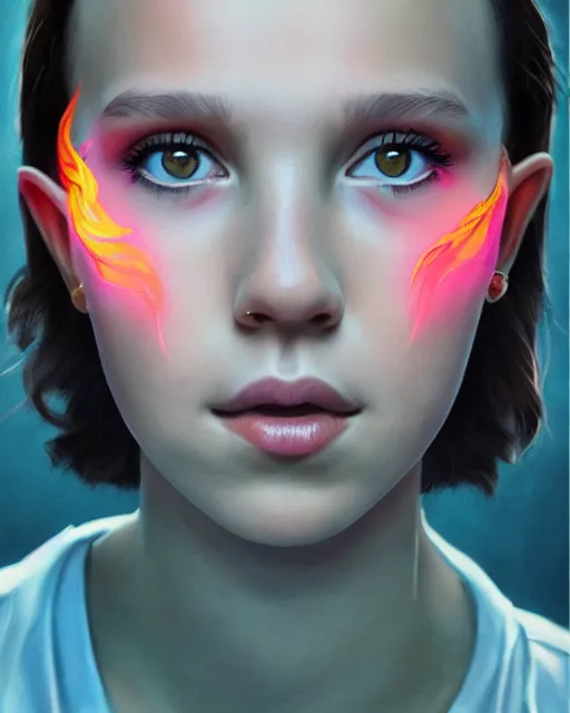 Image similar to Poster Portrait of Millie Bobby Brown with fire eyes, dramatic lighting