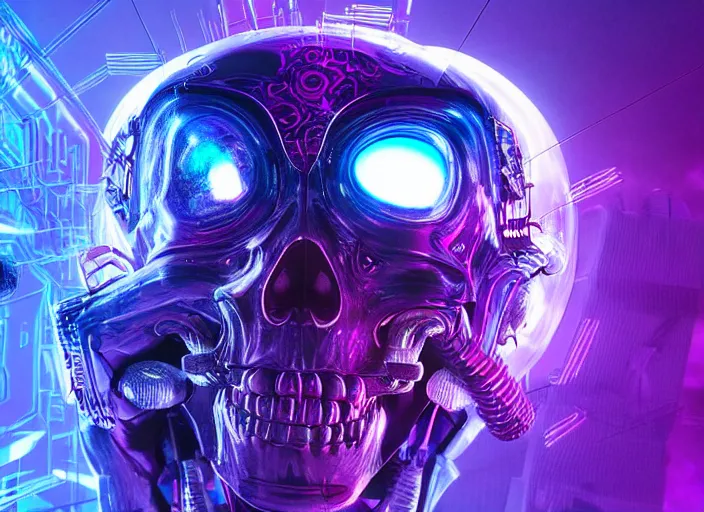 Image similar to a futuristic skull with glowing eyes and a purple background, cyberpunk art by android jones, behance contest winner, computer art, darksynth, synthwave, rendered in cinema 4 d