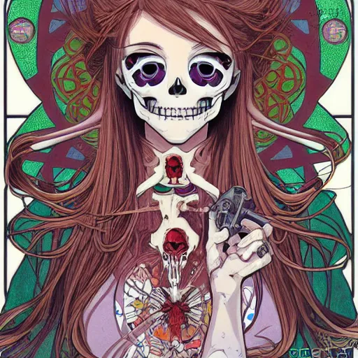 Prompt: anime manga skull portrait girl female skeleton illustration hyperrealistic art Geof Darrow and will cotton alphonse mucha pop art nouveau