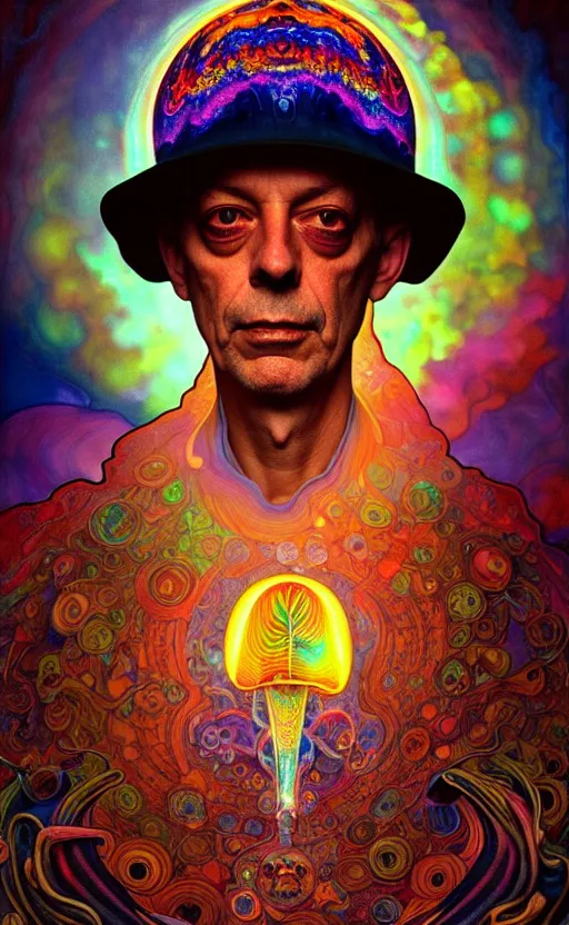 Image similar to An extremely psychedelic celestial larry harvey in his hat, colorful, surreal, dramatic lighting, magic mushrooms, psilocybin, LSD, face, detailed, intricate, elegant, highly detailed, digital painting, artstation, concept art, smooth, sharp focus, illustration, art by Krenz Cushart and Artem Demura and alphonse mucha