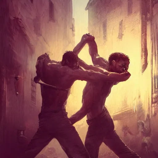 Prompt: original masterpiece artwork close-up of 2 men choking each other during a fight in an alleyway by greg rutkowski and drew strewzan, horror, crime, hyperrealistic, octane render, exciting pose, dynamic lighting