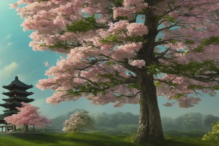 Image similar to concept art, japanese blossom trees scene, pagoda, cinematic