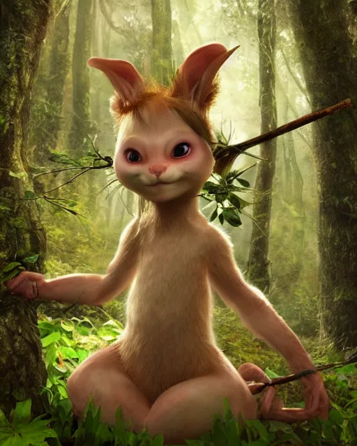 Prompt: a cute weird looking sweet creature holding a stick in a forest, concept art by Wendy Froud, cgsociety, fantasy art, daz3d, concept art, character