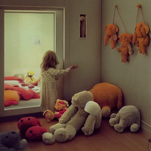 Image similar to An IKEA catalogue photo of a childrens bedroom, with huge cuddly toys, by Beksinski