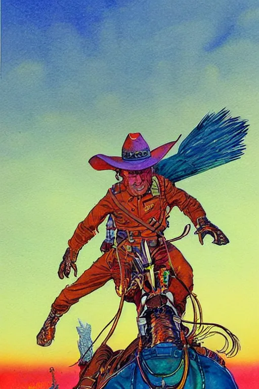 Prompt: illustration of cowboy riding a fantasy emu bird, scifi, art by jean giraud, moebius, juan gimenez, in watercolor gouache detailed paintings, in style of syd mead, colorful comics style, artstation