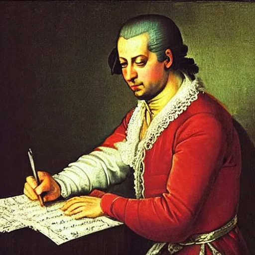 Prompt: a renaissance painting of mozart writting a piece of music on a sheet. He is staring at the sheet with one hand on his head.