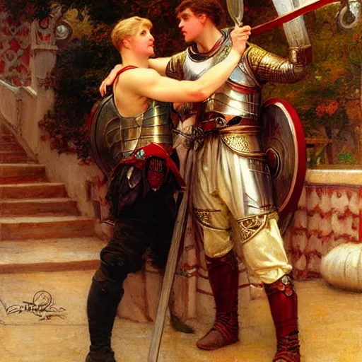 Image similar to attractive fully clothed arthur pendragon confesses his love for his attractive fully clothed male knight. highly detailed painting by gaston bussiere and j. c. leyendecker 8 k