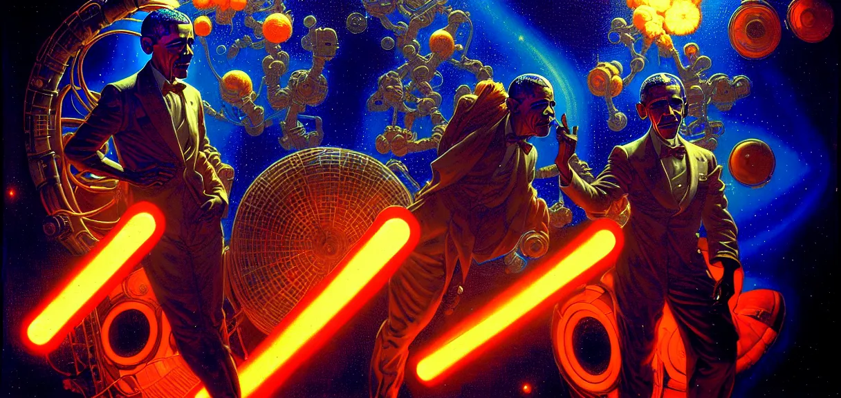 Image similar to obama in space, hard lighting, full body, futuristic, neon, luxurious, industrial party, dark blue and orange colors, crowded, smoke, lasers painting by gaston bussiere, craig mullins, j. c. leyendecker, lights, art by ernst haeckel, john william godward, hammershøi