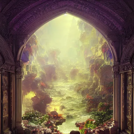 Image similar to beautiful colorful picture of the gates of heaven, volumetric lighting, 8 k octane beautifully detailed render, post - processing, extremely hyper - detailed, intricate, epic composition, cinematic lighting, masterpiece, trending on artstation, detailed detailed detailed, masterpiece, stunning art by anders zorn, wonderful masterpiece by greg rutkowski, beautiful cinematic light,